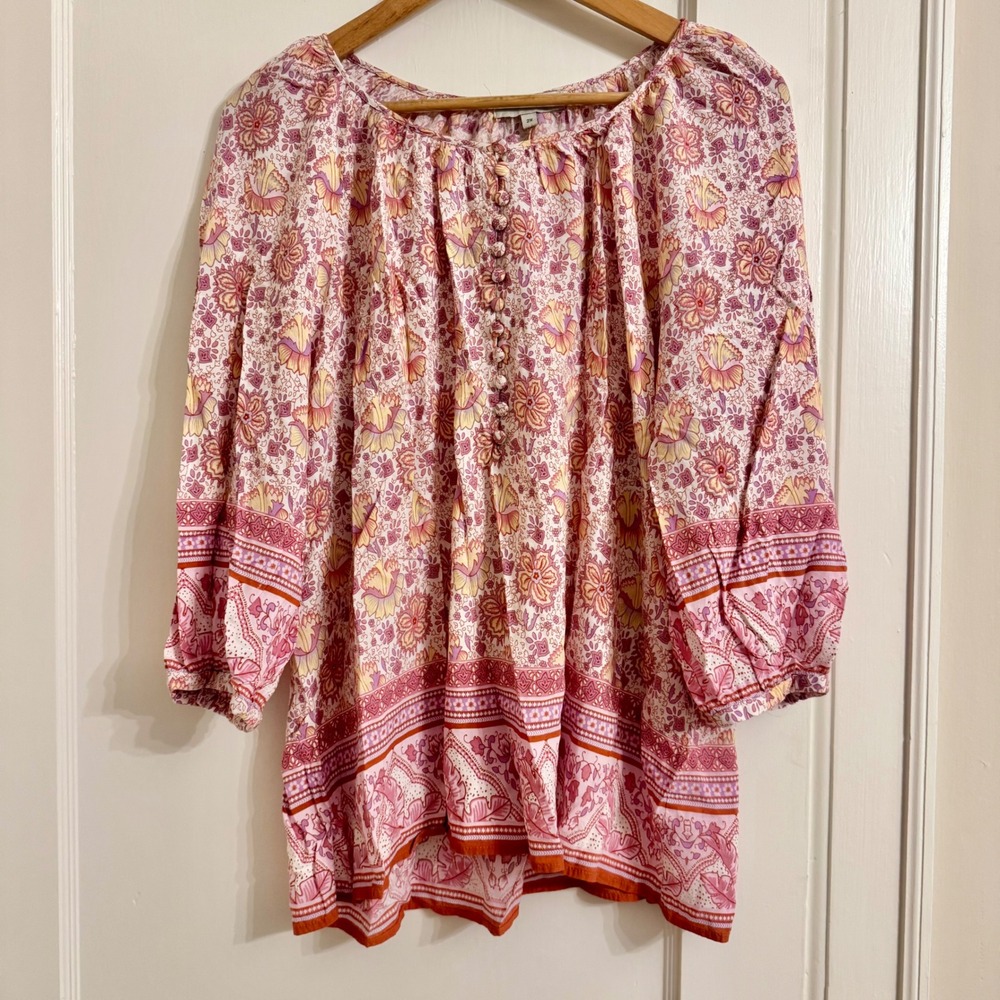 Adrienne Vittadini Womens 2X Pink Floral Paisley Boho Rayon 3/4 Sleeve Blouse